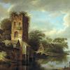 荷兰人的河流景观，有一座被毁坏的塔和钓鱼的人