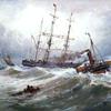 在恶劣天气下，一艘法国划桨拖船将一艘帆船驶入布洛涅港