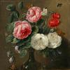 Still life of roses in a glass vase with numerous insects, including butterflies, a ladybug, a bee and a dragon fly