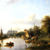 A View of the River Spaarne, Haarlem, with Moored Shipping and a Hay-Barge, the St. Bavo Church in the Background